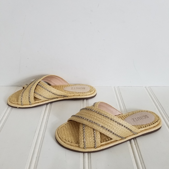 Schutz Rhinestone Raffia Sandals Womens Carlotta Crossover Flat Summer Shoes 6 - Picture 5 of 15